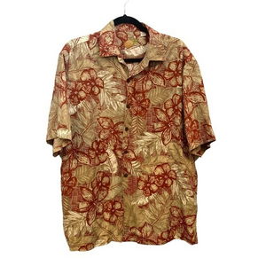 Caribbean Floral Silk‎ Blend Button Down Tan Red Size Large